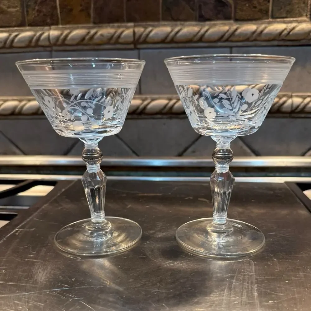 Libbey Rock Sharpe Champagne Tall Sherbet‎ Glasses w/Cut Flowers Banded $/each